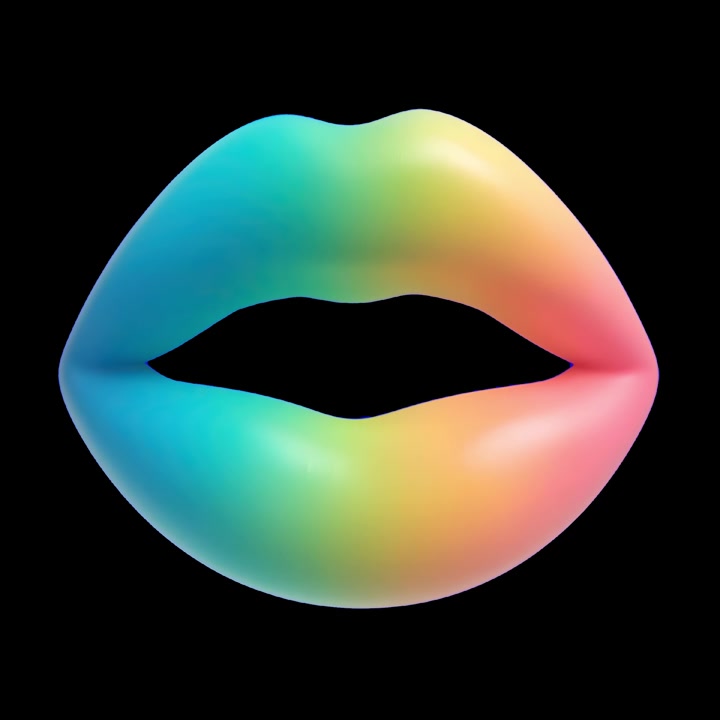Animazione 3D di labbra color arcobaleno che fanno il broncio su sfondo nero.