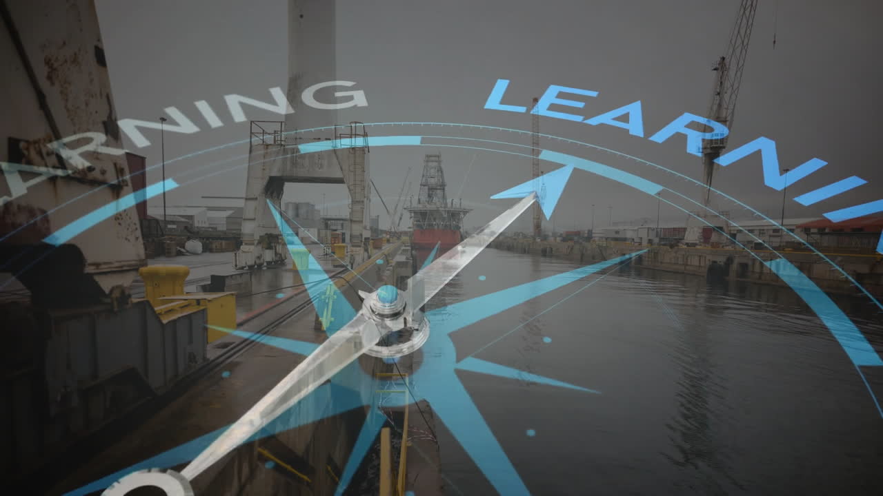 포트 위에 동기 부여 및 비즈니스 텍스트와 함께 나침반 회전의 애니메이션