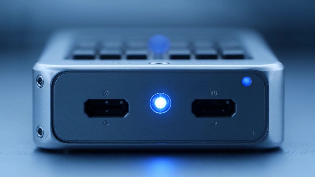 Primo Piano di un Moderno Dispositivo Elettronico con Indicatore LED Blu Luminoso