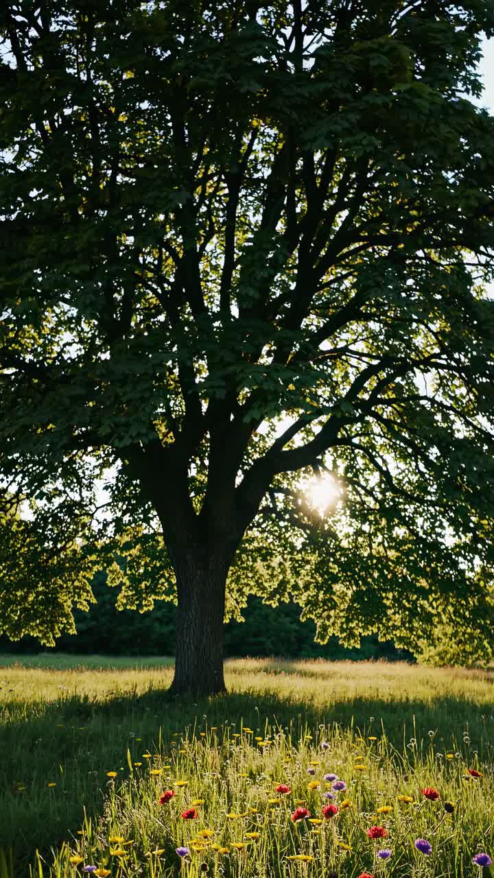 A serene video still of a sunlit tree with wildflowers in the foreground