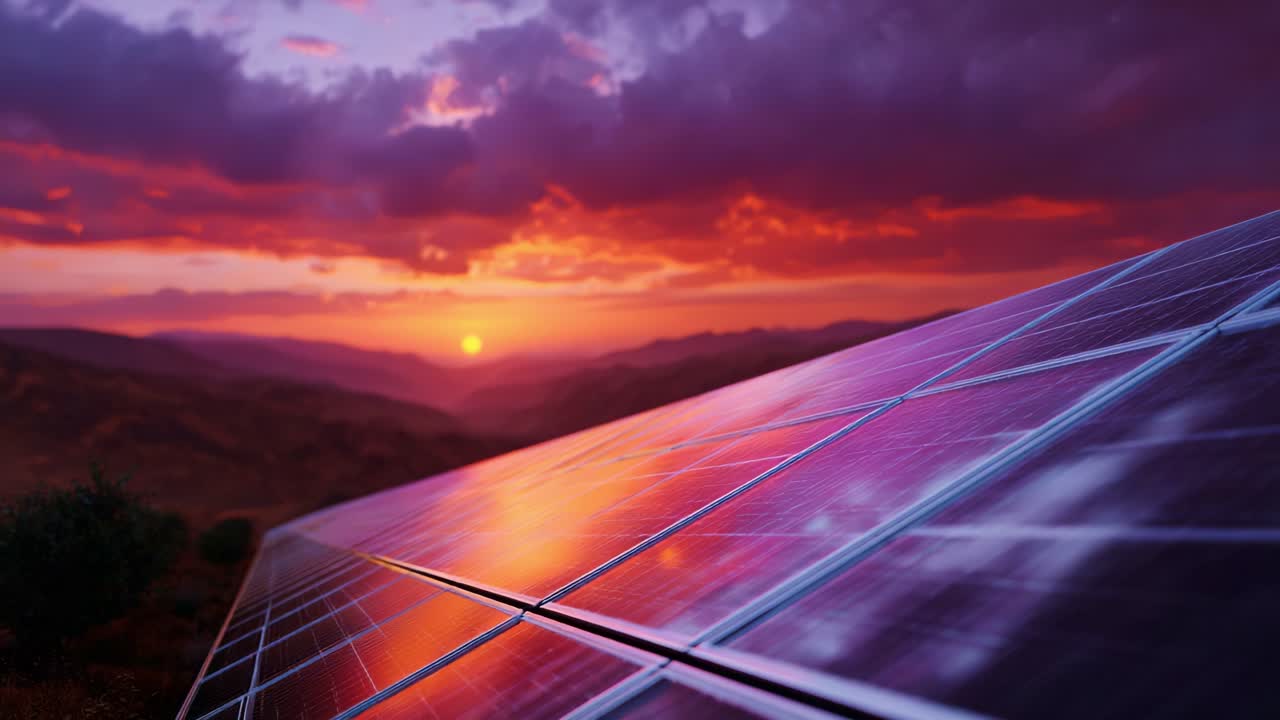 Tramonto mozzafiato su pannelli solari: una rappresentazione affascinante di bellezza naturale ed efficienza energetica rinnovabile tra le serene colline e il cielo vibrante