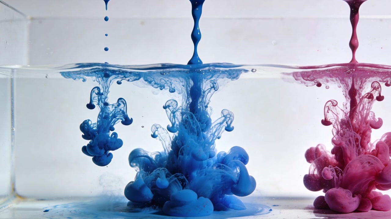 Dropping droplets forming blue and magenta dye plumes in clear glass tank during lab experiment