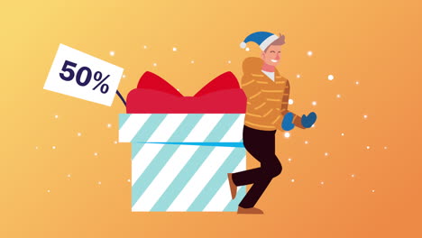 man with a big gift and 50% discount