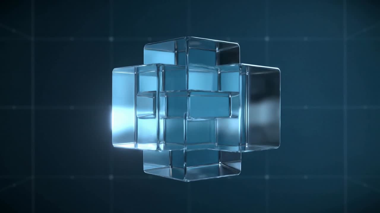 Drifting glass blue-panel cubes aligning and locking in dark blue gridded studio, pulled by forces
