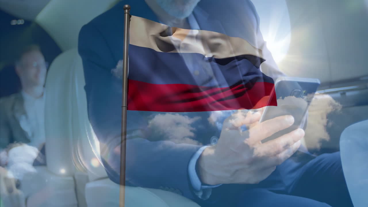 Using smartphone, businessman with Russian flag animation overlay and sky reflection