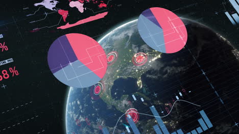 animación del procesamiento de datos con el mapa del mundo sobre el globo en el espacio