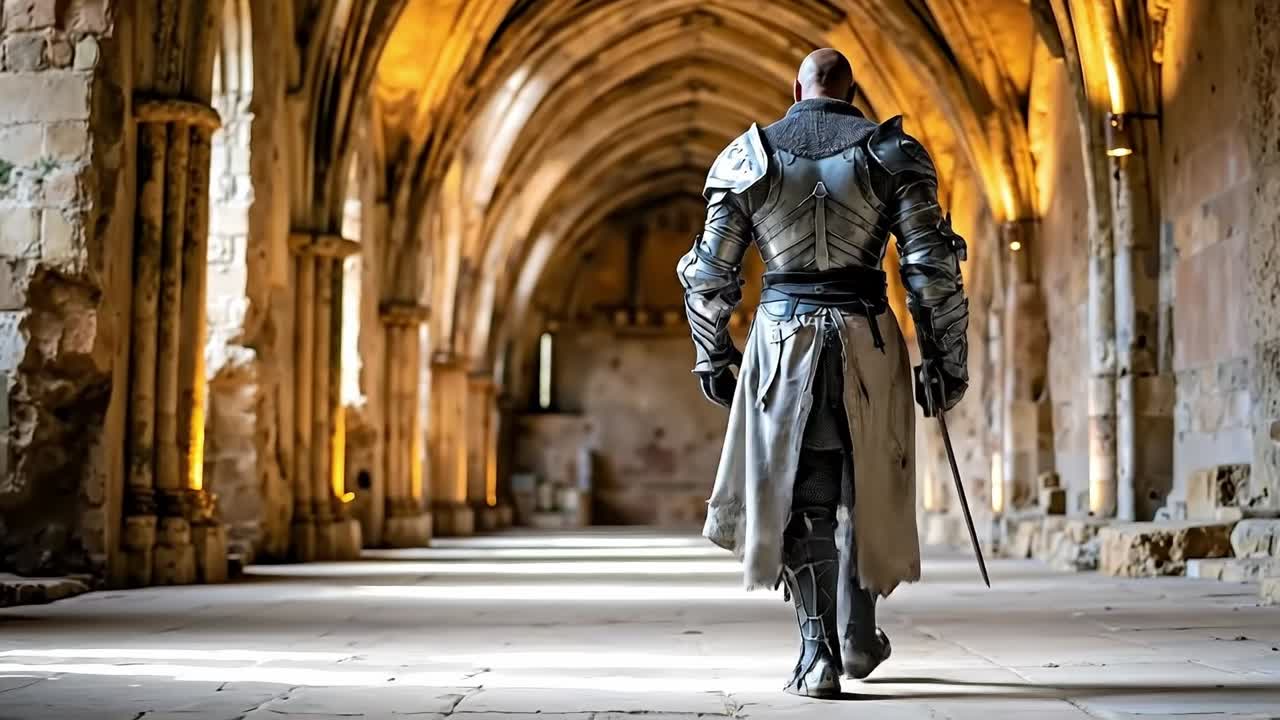 A man in armor walking down a long hallway with a sword