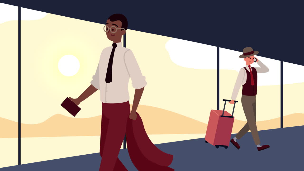 travelers in airport characters animation