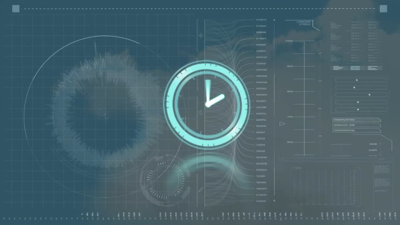 移動する時計のアニメーションと空上のデータ処理