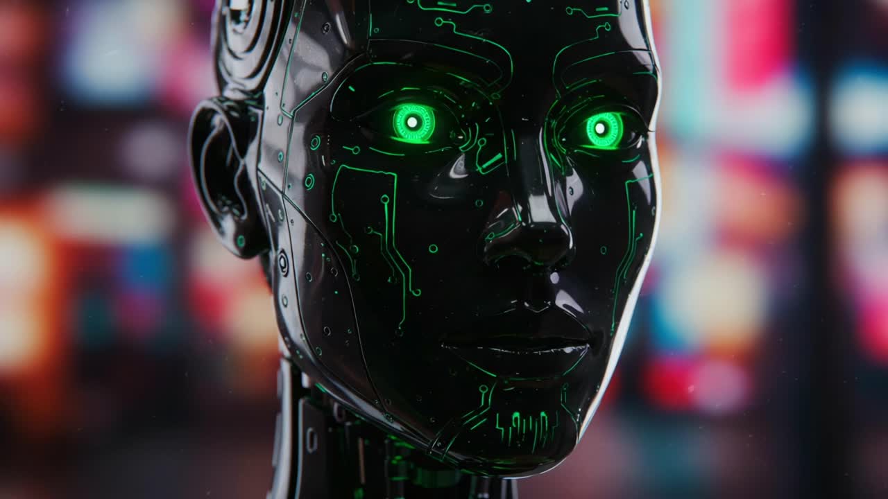 Futuristic humanoid robot with glowing green circuitry provides a glimpse into advanced technology, showcasing intricate designs and a captivating, lifelike appearance