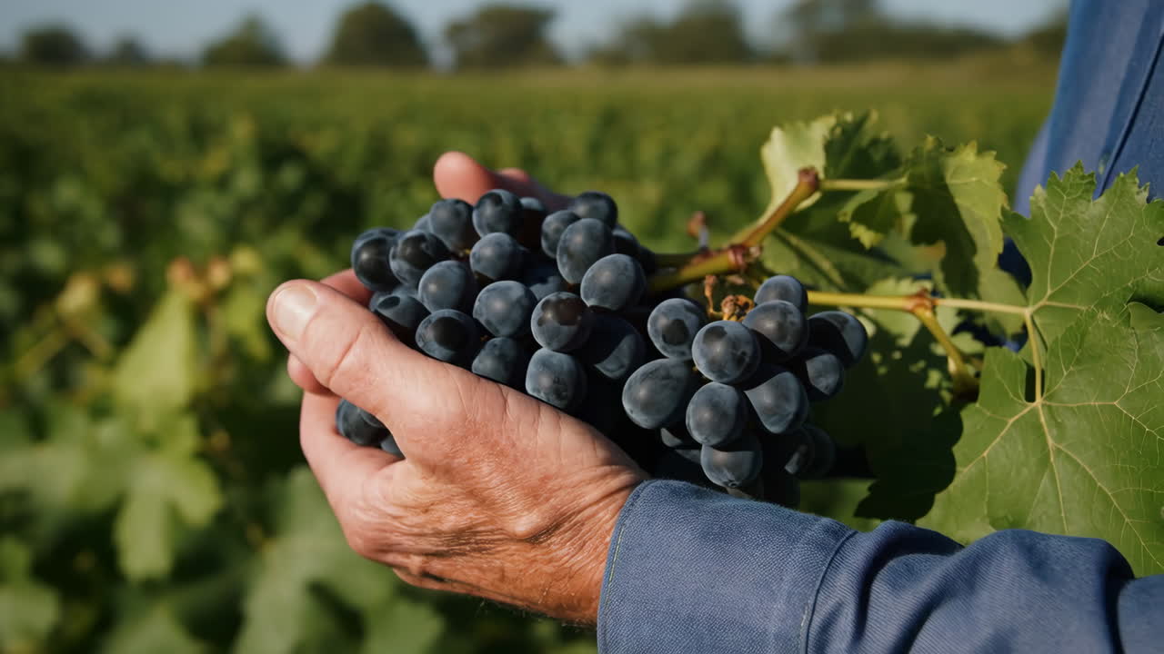 Hands holding a fresh bunch of grapes in a vineyard