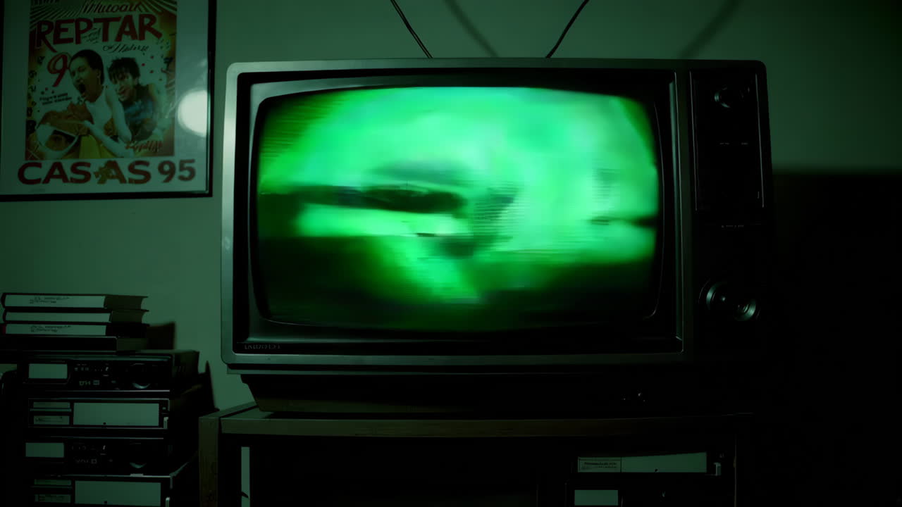 Vintage TV with Static and VHS Tapes