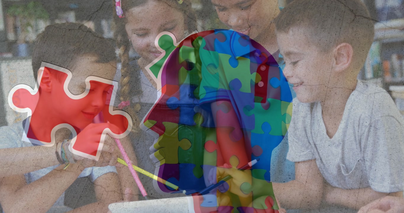 Animation of puzzle pieces over diverse schoolchildren