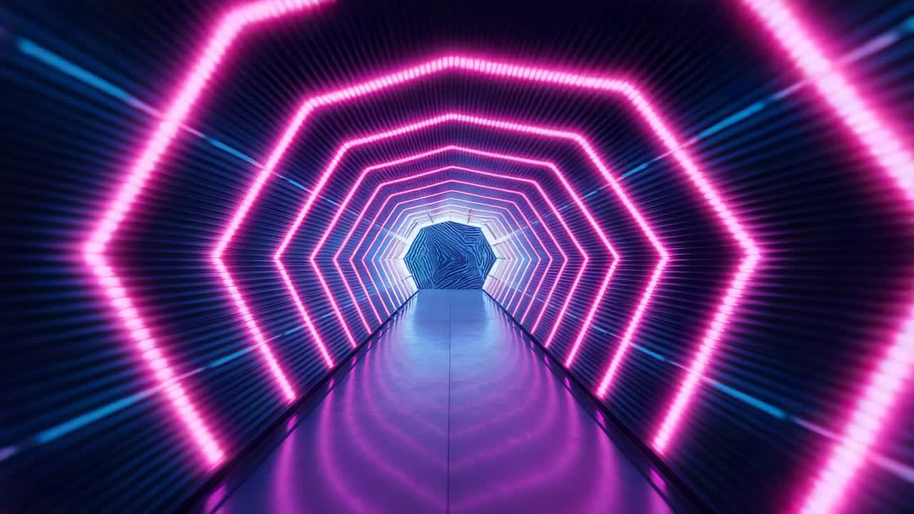Following pulsating magenta neon rings, camera moving down octagonal corridor toward glowing core