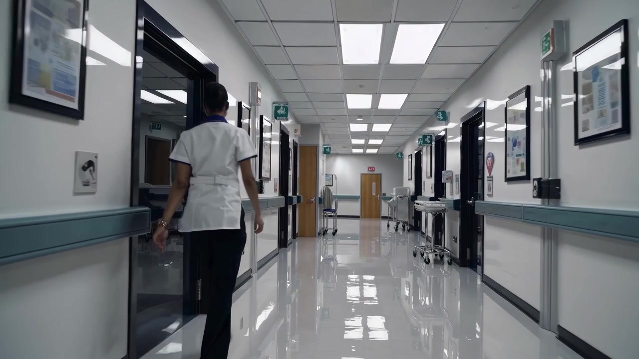 Profissional de saúde caminhando por um corredor de hospital vazio
