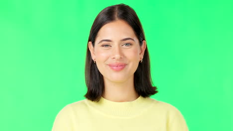 Happy,-woman-and-face-wink-on-green-screen