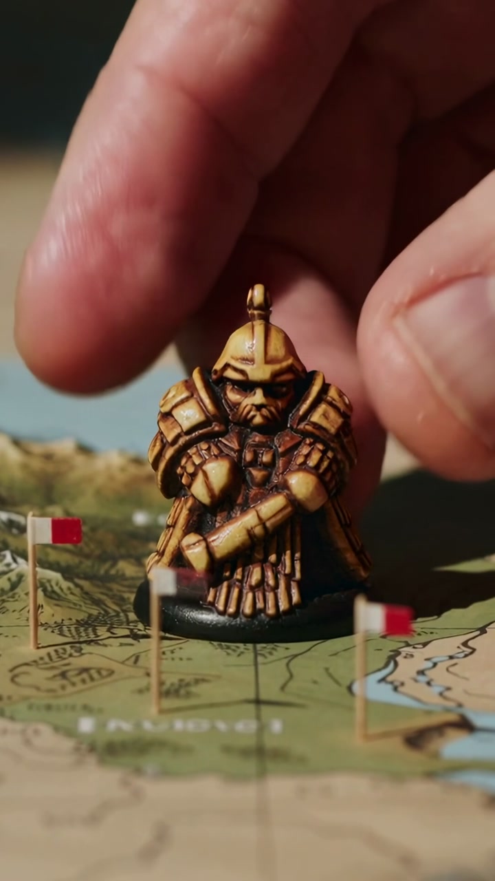 Vertical video: Lowering male hand placing painted miniature on map near red flags for game