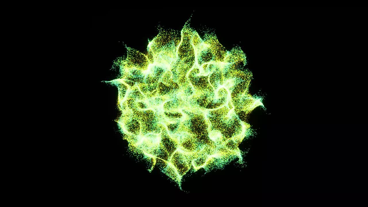 efectos visuales, vfx, remolinos amarillos verdes sobre fondo negro animación en 3d