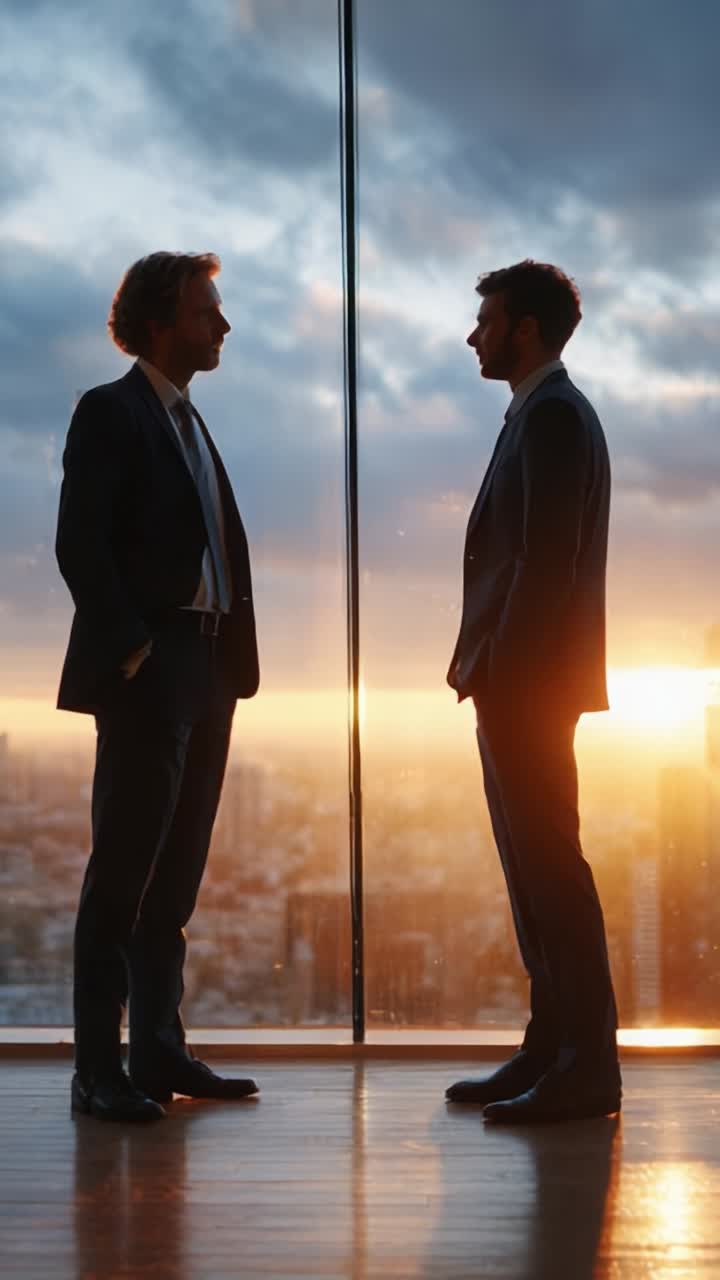 Due uomini impegnati in una discussione approfondita sullo sfondo di un tramonto mozzafiato, con silhouette in un moderno ufficio con vista sul paesaggio urbano