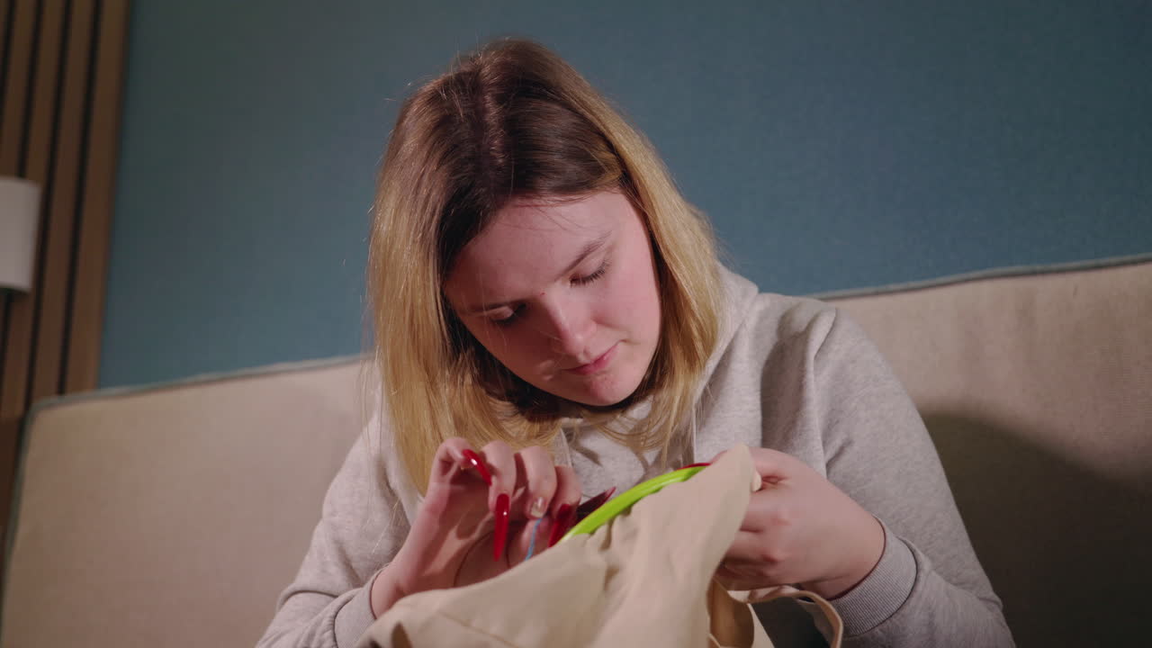 Woman Embroidering at Home