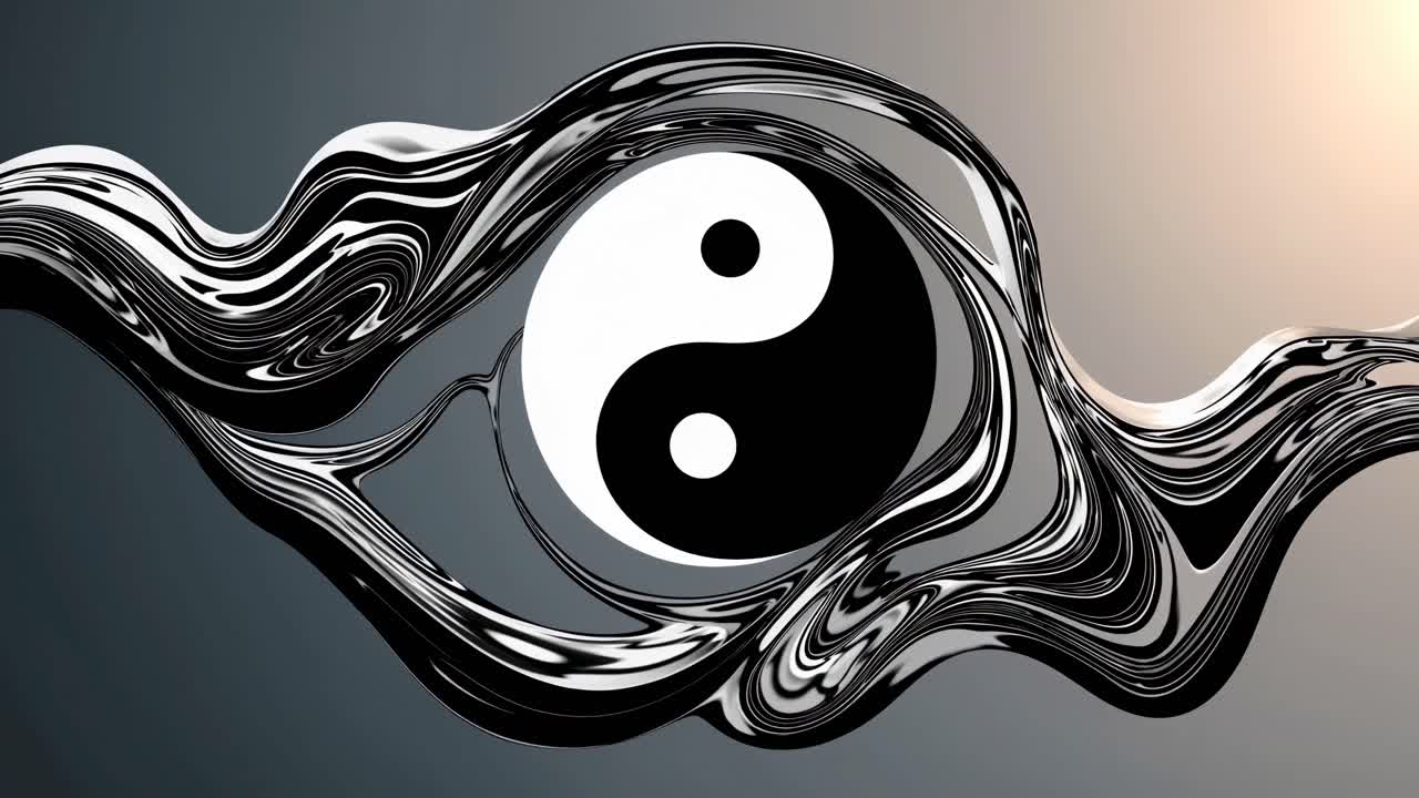 Simbolo Yin Yang astratto con onde liquide vorticose.
