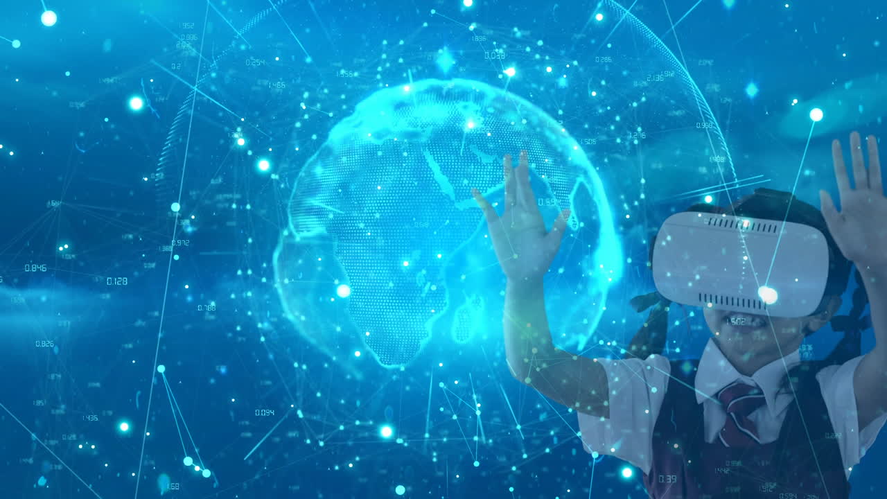 vr con auriculares, niño interactuando con el globo digital y conexiones de red animación