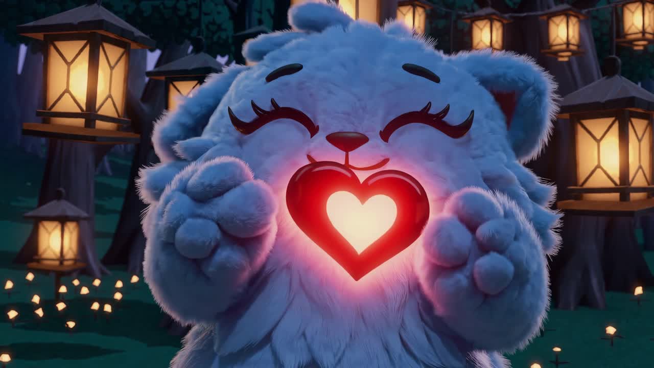 Adorable blue fluffy magical creature is holding a glowing red heart in an enchanted forest illuminated by hanging lanterns at night, creating a heartwarming and magical scene