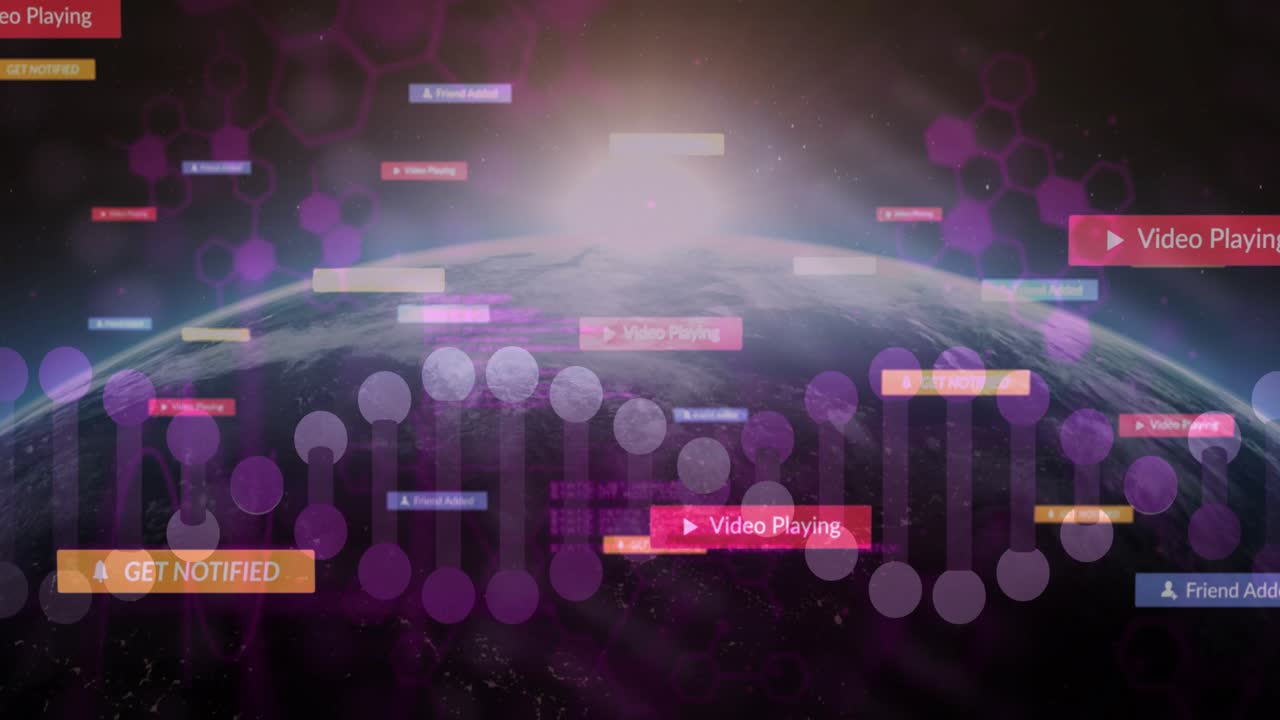 Cursor clicking playback icon animating 3D planet edge multiplying alerts showing network growth