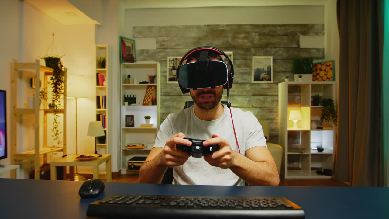 Pov of angry young man wearing virtual reality headset