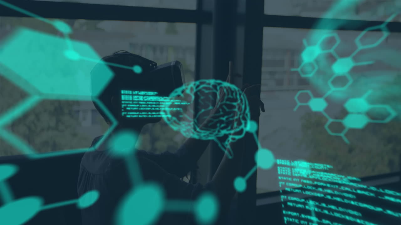 Animation of data processing over caucasian boy using vr headset