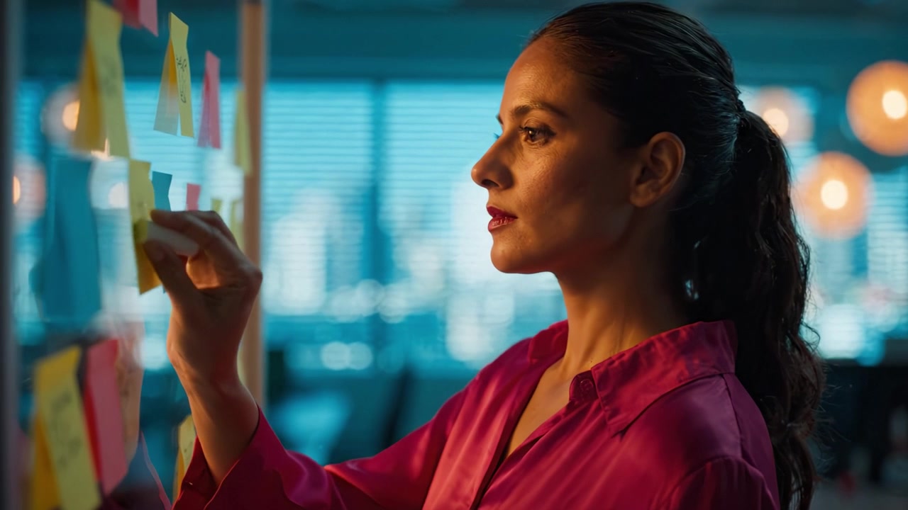 Contemplative Woman in Office Setting Reflecting on Sticky Notes, Illuminated by Soft Blue and Warm Lights, Showcasing Thoughtfulness and Creativity.