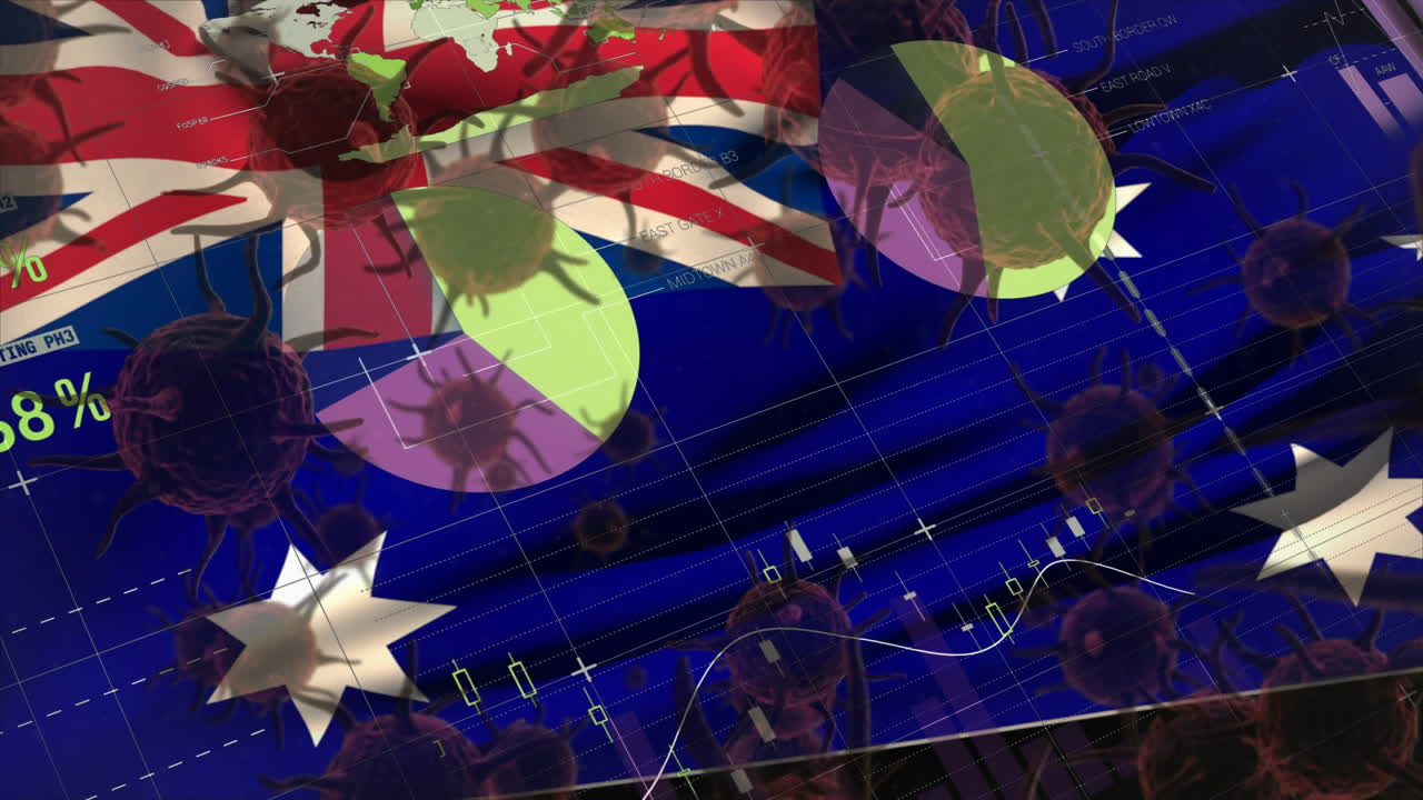 맥로 코로나 바이러스가 퍼져나가고 호주 국기가 배경에 떠다니고 있습니다.