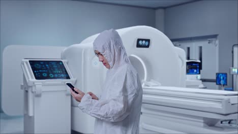 side view of asian male scientist using smartphone while standing with mri machine in the hospital