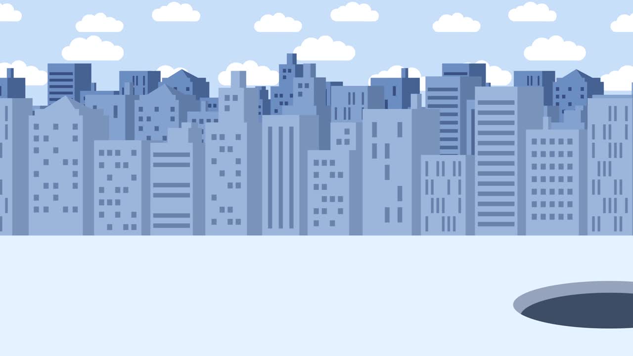 Donna d'affari che cade nel buco. Sfondo di edifici. Concetto di rischio. Illustrazione in loop in stile piatto.