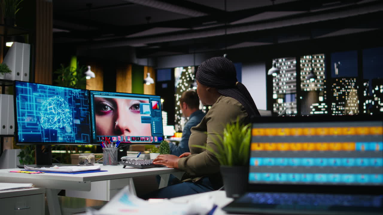 African american photo editor uses AI neural networks for retouching content