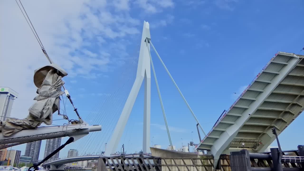 The Erasmus Bridge in Rotterdam is open to shipping traffic