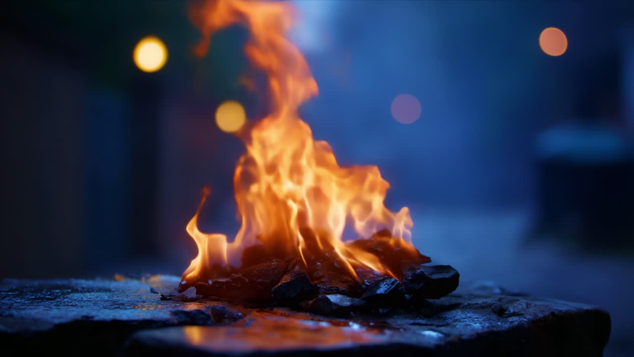 Fiamme maestose danzano su rocce carbonizzate in un mistico bagliore serale illuminato da luci soffuse sullo sfondo, creando un'atmosfera serena