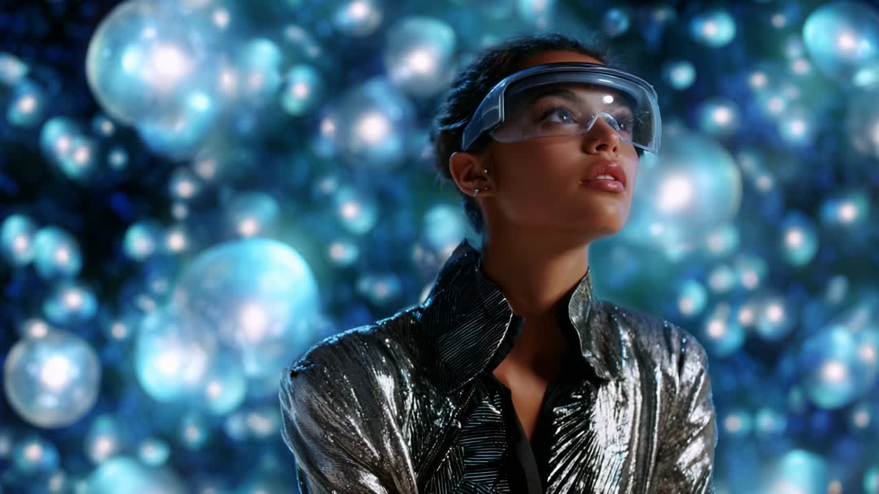 A mesmerizing visual journey featuring a poised individual adorned with futuristic eyewear against a backdrop of radiant bubbles and vibrant hues, exemplifying innovation and beauty in a captivating scene