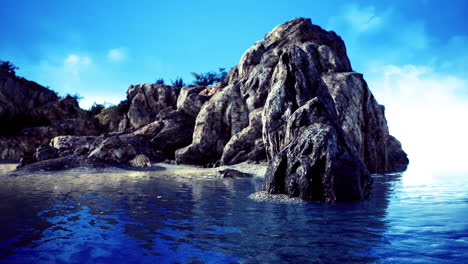 rocky coastal landscape with calm blue waters and clear sky in daytime