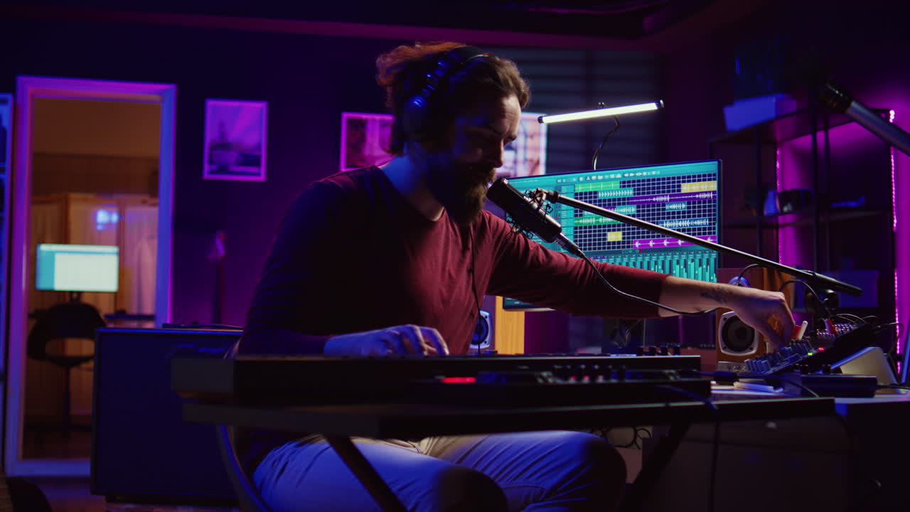 ingeniero de sonido presionando las teclas del sintetizador eléctrico y grabando nueva música