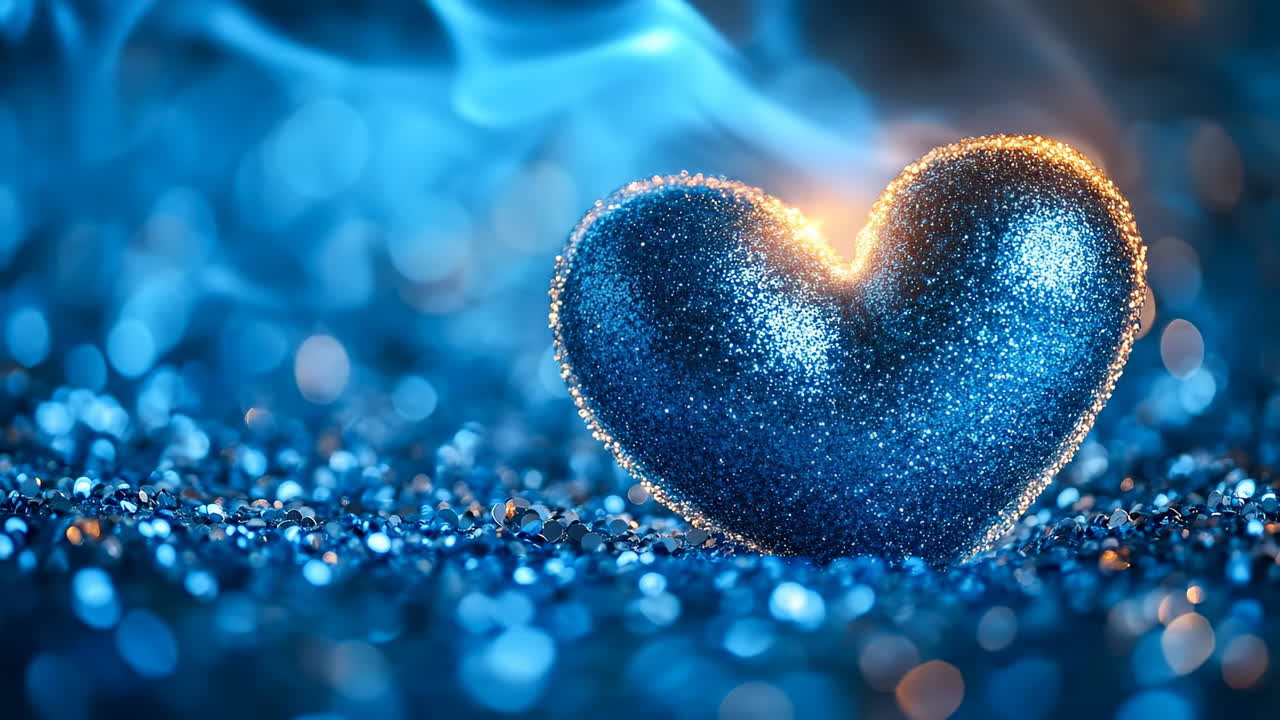 Blue heart glimmers softly. A blue heart covered in glitter glows softly amid a sparkling blue background
