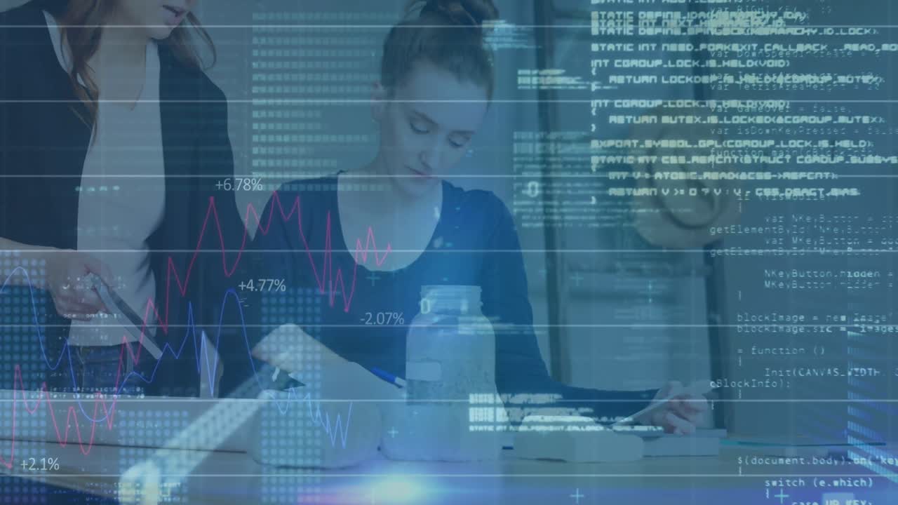 animación del procesamiento de datos financieros sobre personas de negocios en la oficina