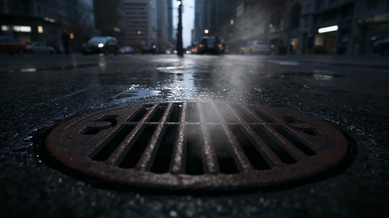 Releasing rusty grate emitting steam on downtown street as vapor meets cool air, cars passing