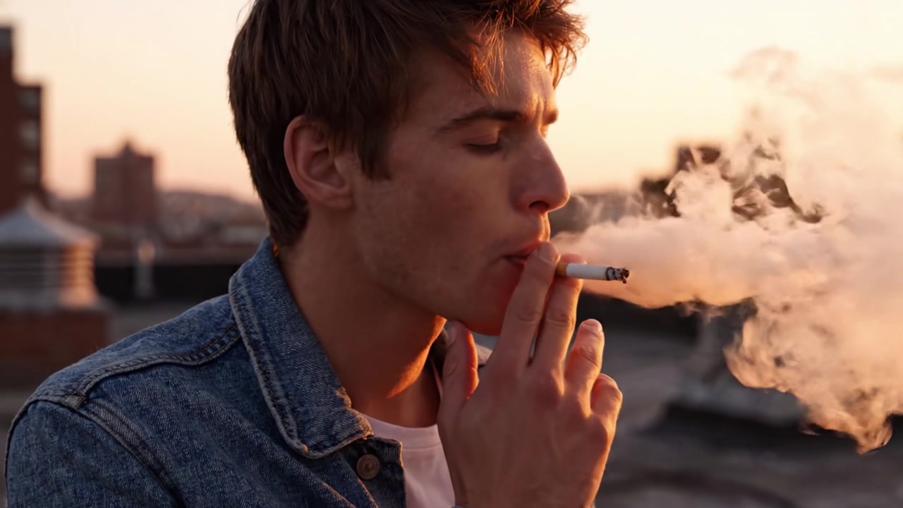 Un Momento Juvenil Capturado al Atardecer con una Expresión Pensativa, Mirando a la Distancia Mientras se Involucra en un Contemplativo Ambiente con Humo
