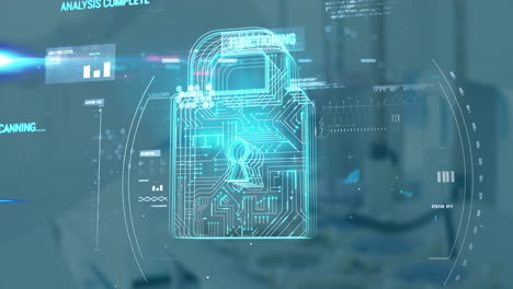 digital lock and data processing animation over futuristic cityscape background