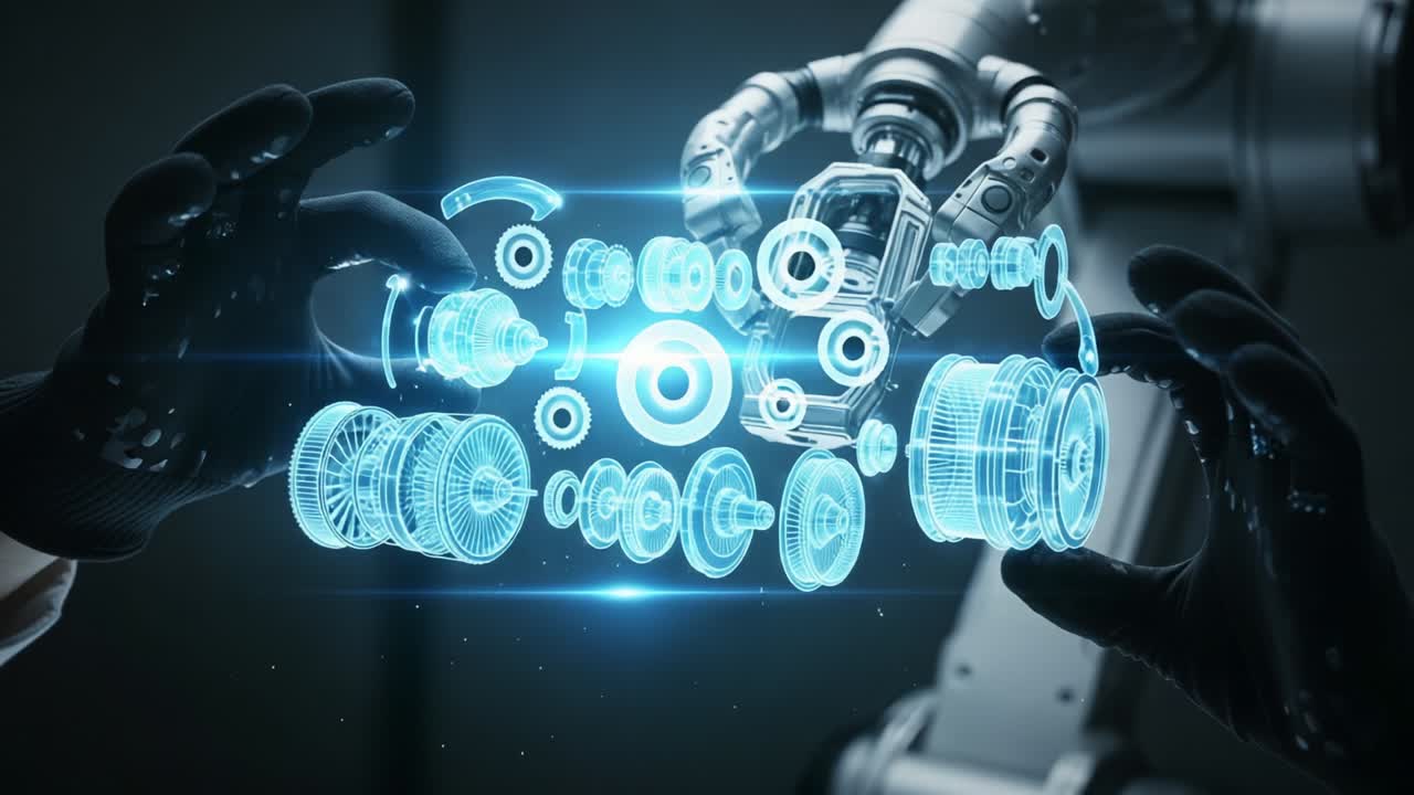 Exploring Advanced Robotics: A Futuristic Mechanism Unveiled Through Innovative Technology and Precision Engineering, Capturing the Intricacies of Mechanical Components Through Holographic Visualization