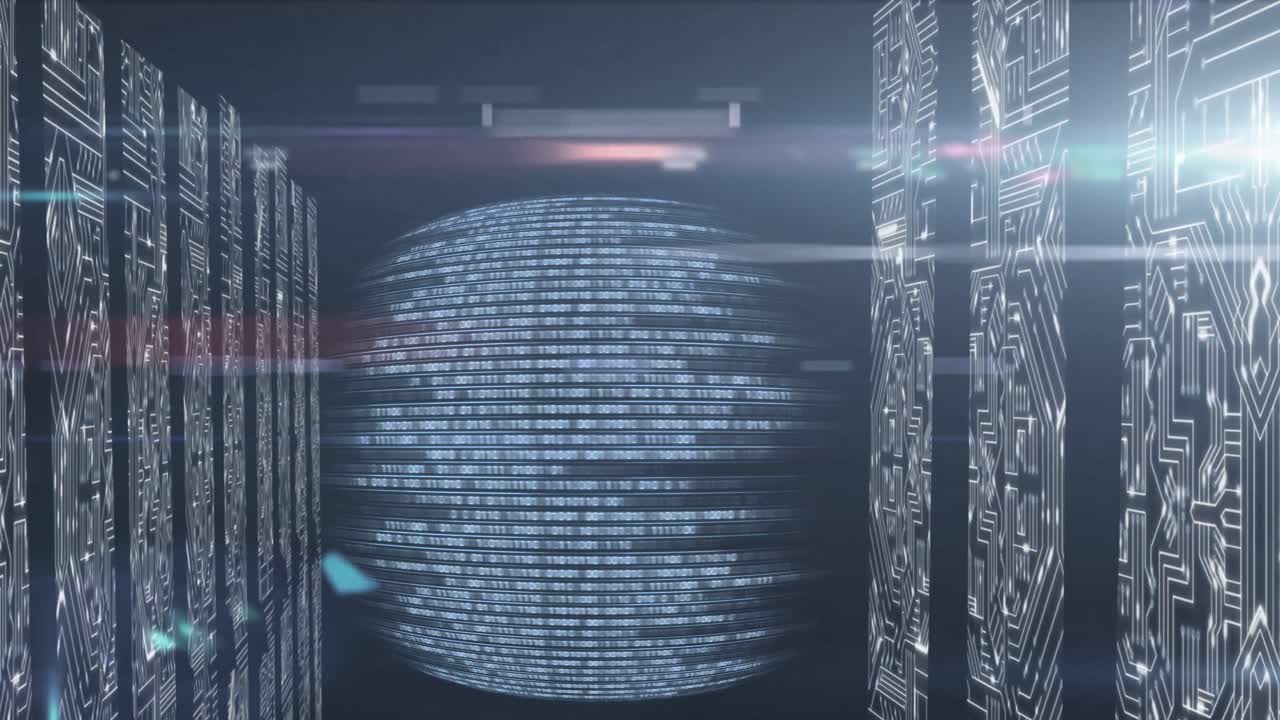 Animation of computer circuit board over data processing on black background