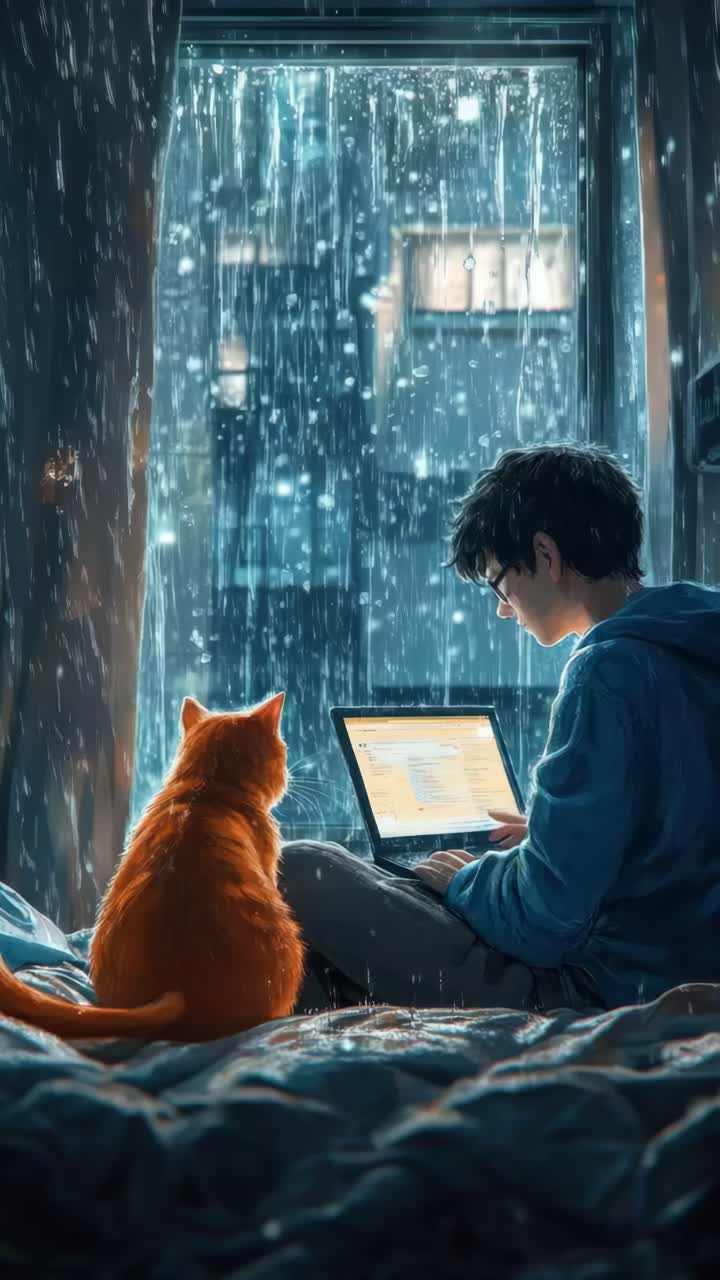 A cozy scene with a side angle view of a person using a laptop next to a cat by a rainy window