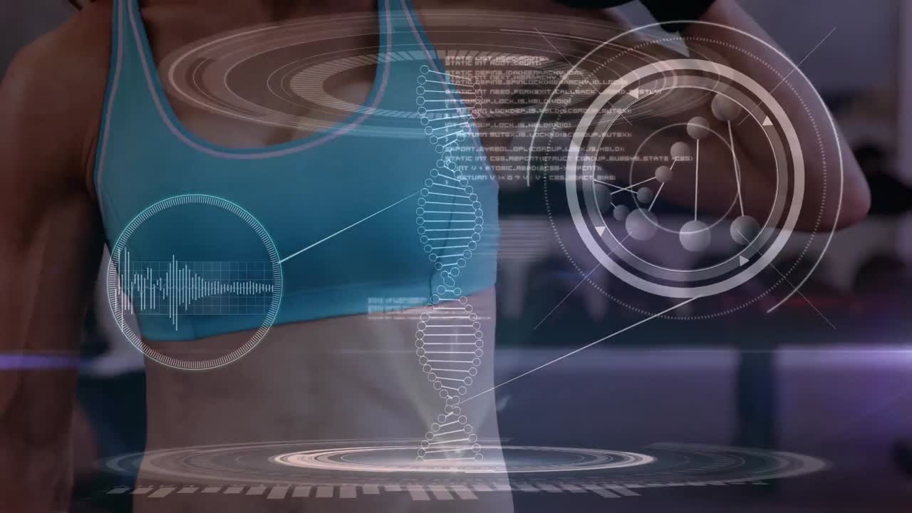 animación de la hilera de adn y procesamiento de datos sobre una mujer fuerte haciendo ejercicio