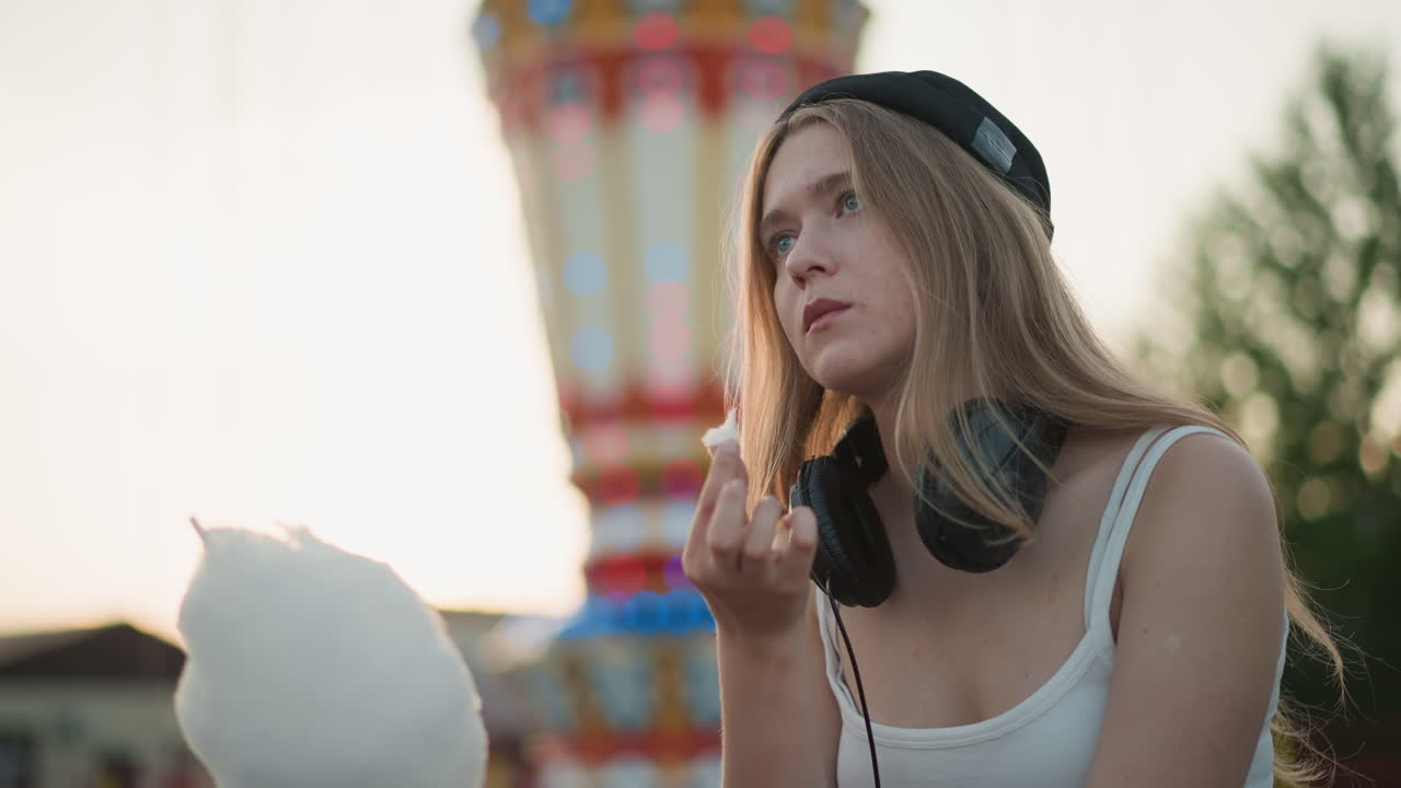 Adolescente caucasica che assaggia zucchero filato su una giostra al tramonto, luceEdge sui capelli, cuffie al collo, masticazione leggera e sguardo pensieroso, luci colorate del luna park sfocate, ritratto cinematografico intimo